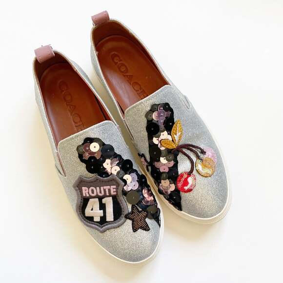 Coach Route 41 Sequin Silver Glitter Pull On Sneaker - Picture 3 of 12